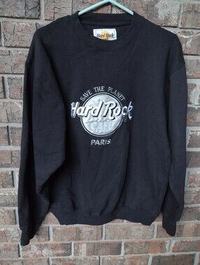 Hard Rock Cafe Paris Sweatshirt Men's M Black Crewneck Logo Save The Planet